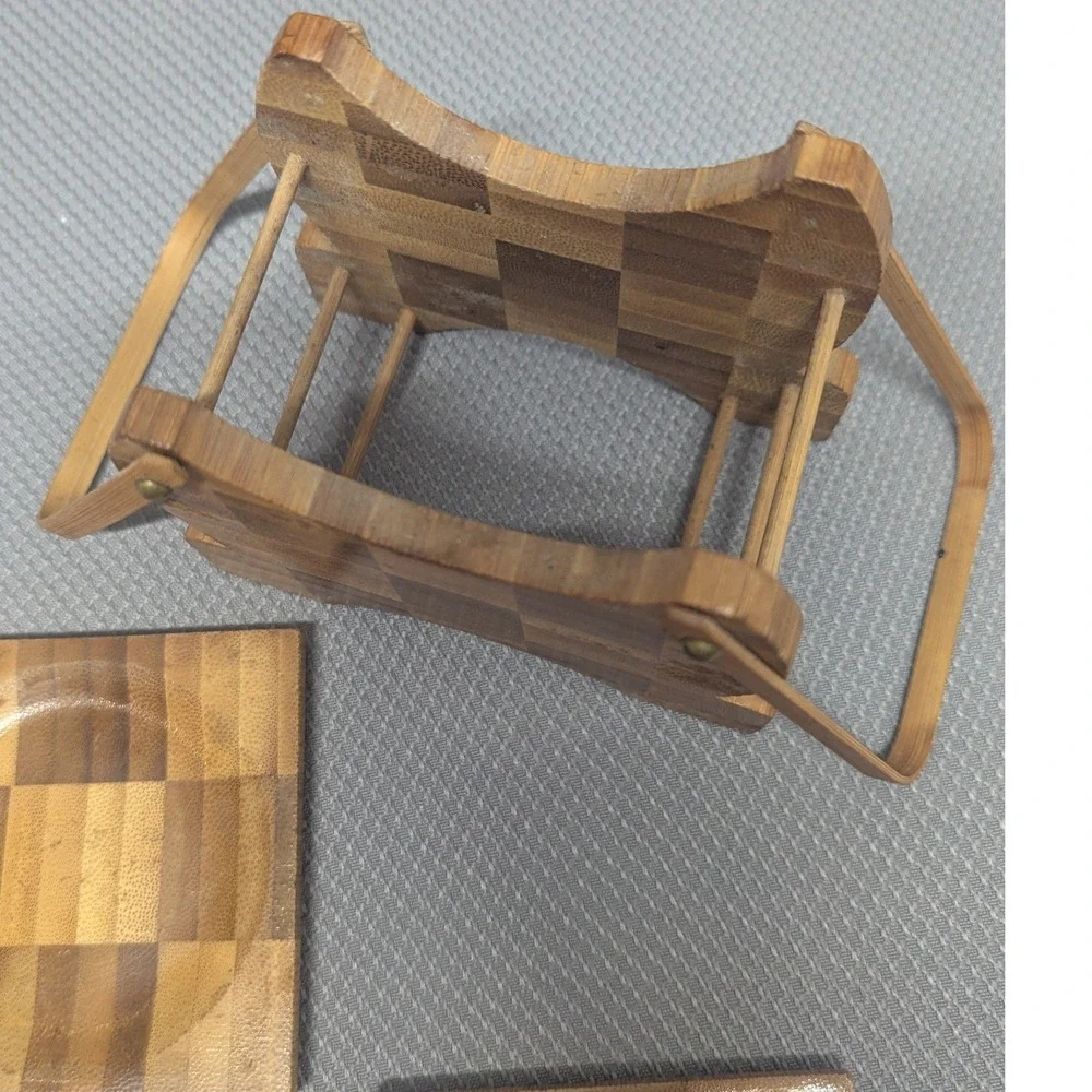 VTG Bamboo Checkerboard Coaster Set w/ Caddy Holder 5 Piece Natural Wood Parquet